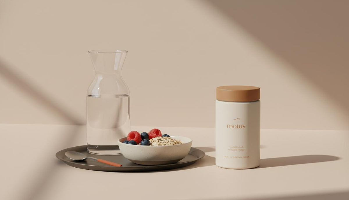 Minimalist kitchen counter with Tonum Motus container, glass carafe, bowl of mixed berries and oats, conveying practical choices supporting metabolic fatty liver disease health.