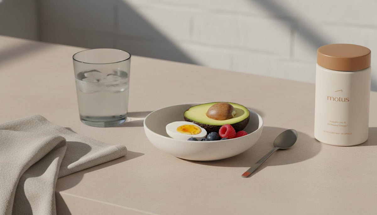 Minimalist breakfast still-life with avocado, boiled egg, berries and Tonum Motus supplement jar on a beige counter illustrating metabolic flexibility and balanced nutrition.