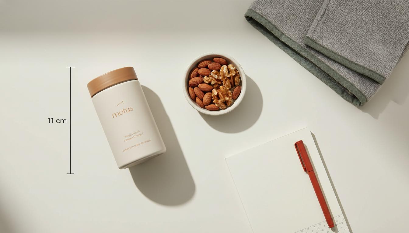 Top-down flat-lay of Tonum Motus container beside a dish of nuts, folded towel and notebook on beige counter, illustrating metabolic flexibility and measured morning habits.