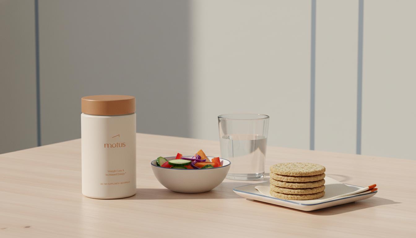 Minimalist still-life of Tonum Motus supplement container on a light wood table with bowl of vegetables, glass of water and whole-grain crackers for metabolic food plan.