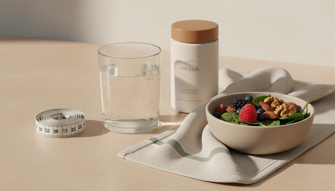 Minimal kitchen counter still life with Tonum Motus supplement, glass of water, tape measure, towel and bowl of berries and nuts illustrating metabolic health components.