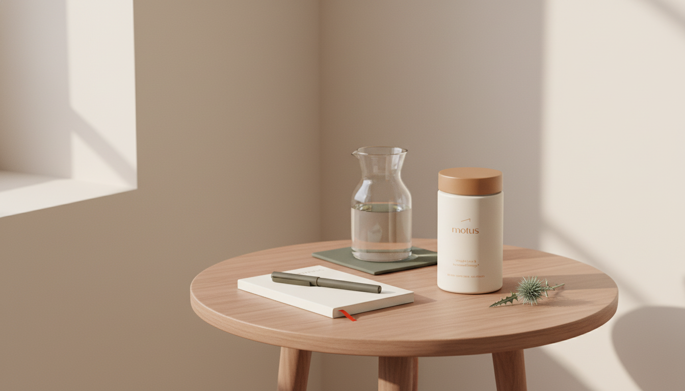 Minimalist bedroom table scene with Tonum Motus supplement jar, milk thistle leaf, glass carafe and notepad — calm lifestyle image representing metabolic health.
