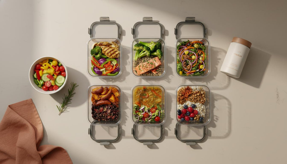 Top-down view of neatly arranged metabolic meals containers with a Tonum Motus bottle at the side, a sprig of herbs and a small bowl of mixed vegetables on a Tonum beige #F2E5D5 background.