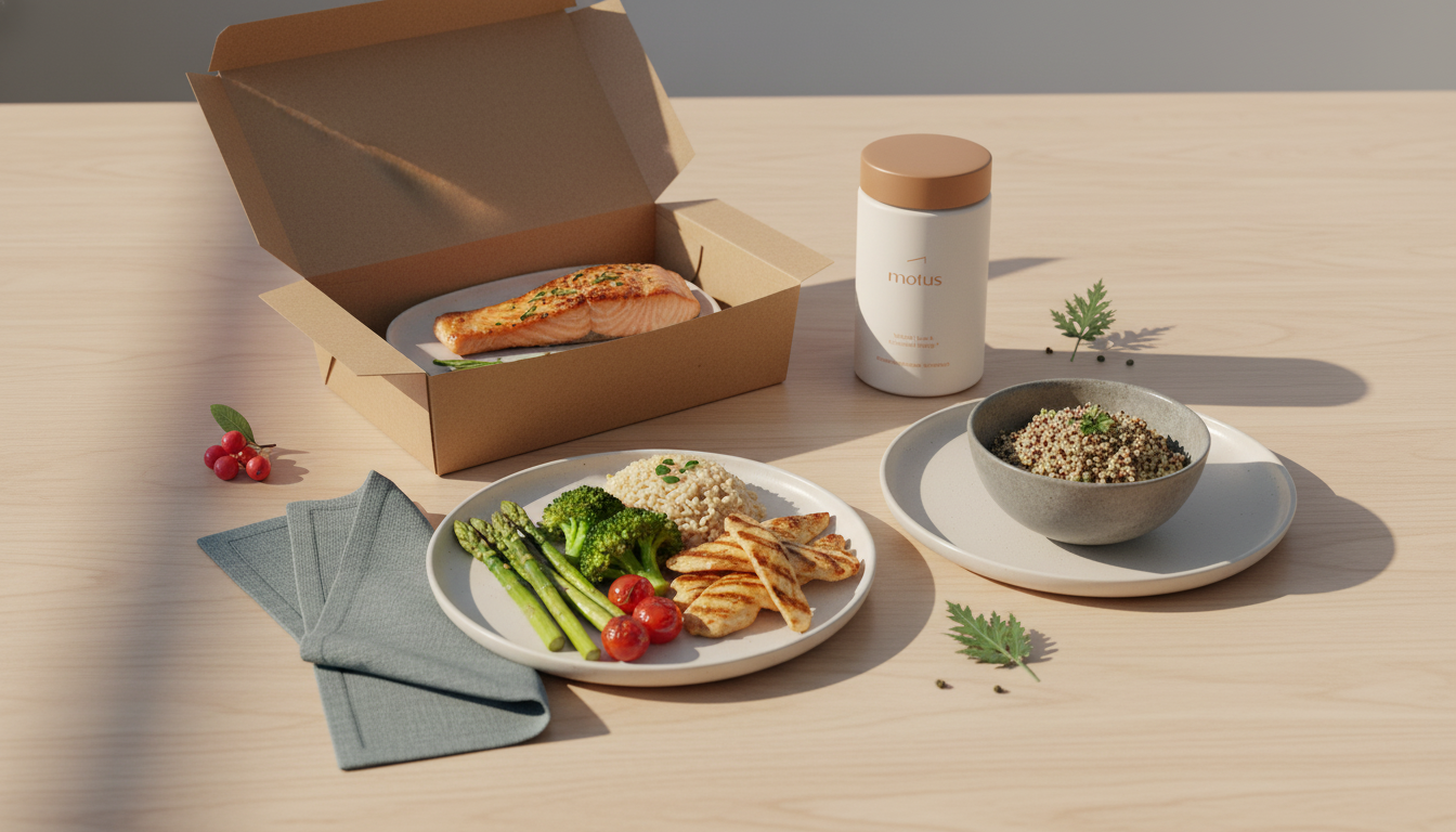 Minimalist full-frame photo of a balanced meal box on a wooden table with a Tonum Motus jar, berry and milk thistle icons for context about Metabolic Meals cost