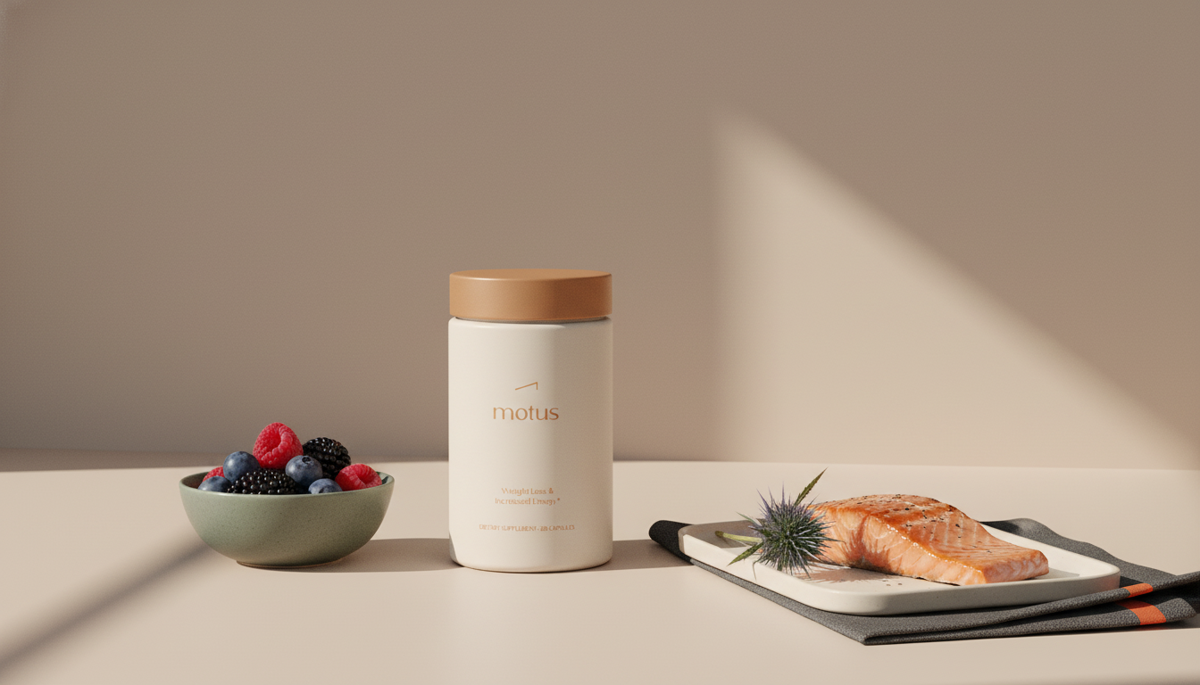 Minimalist kitchen countertop with Tonum Motus jar beside mixed berries, grilled salmon and milk thistle, evoking metabolic meals and scientific wellness.