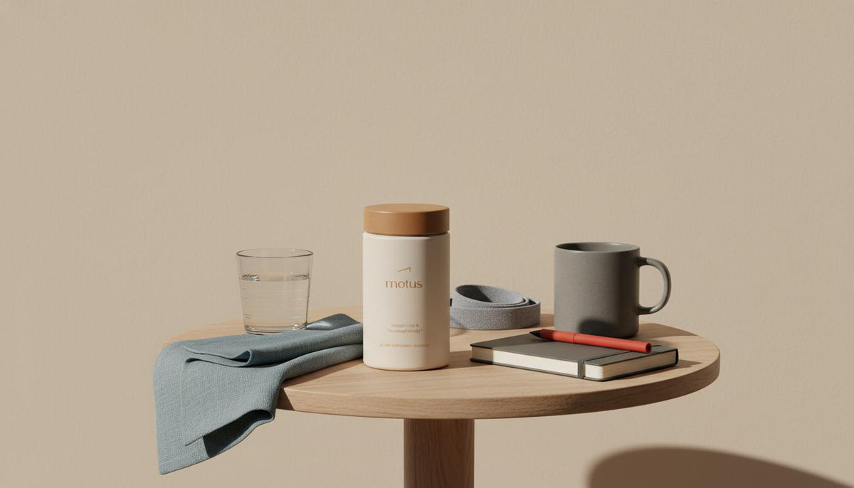 Minimalist still-life of Tonum Motus supplement jar on a round wooden table with water glass, meal-planning notebook and resistance bands, suggesting a metabolic reset