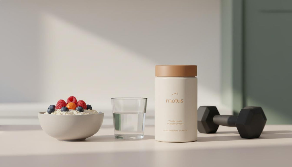 Minimalist still-life of Tonum Motus container beside a bowl of oats and berries, a glass of water and dumbbells on a clean counter in Tonum colors, metabolic reset