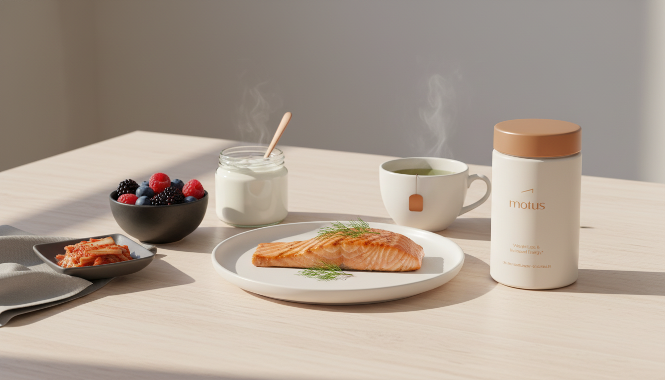 Minimalist still-life of grilled fish, mixed berries, Greek yogurt, kimchi and green tea with Tonum Motus supplement—metabolic superfood breakfast on a pale wooden table.