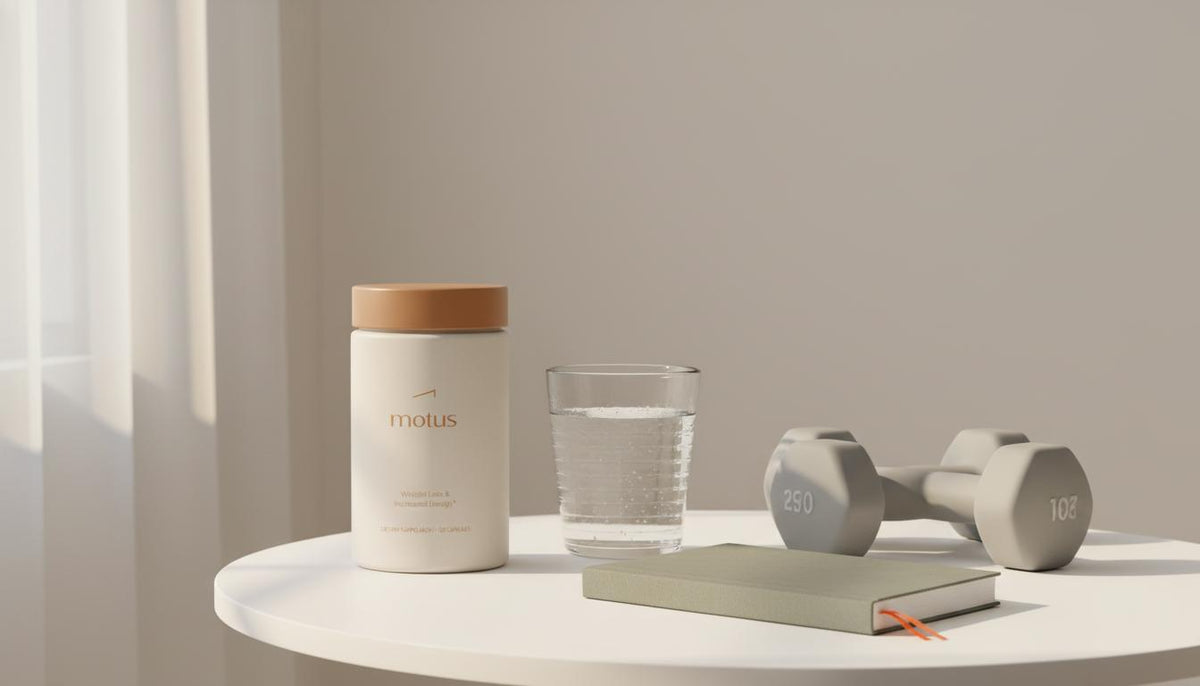 Minimalist still life of Tonum Motus supplement container from reference beside a glass of water, light dumbbells and a journal on pale beige background, evoking metabolism boosters