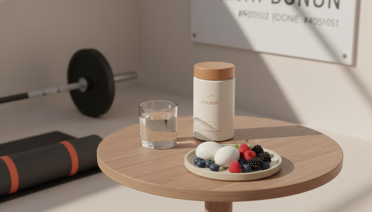 Overhead minimalist photo of Tonum Motus supplement on a wooden table with water, eggs and berries, blurred barbell and yoga mat in background, highlighting metabolism.