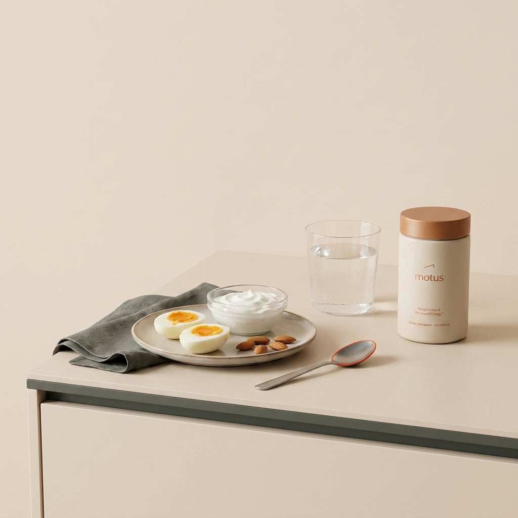 Minimalist kitchen counter with protein-rich plate, glass of water, and Tonum supplement container conveying evidence-based metabolic care for metabolism over 40