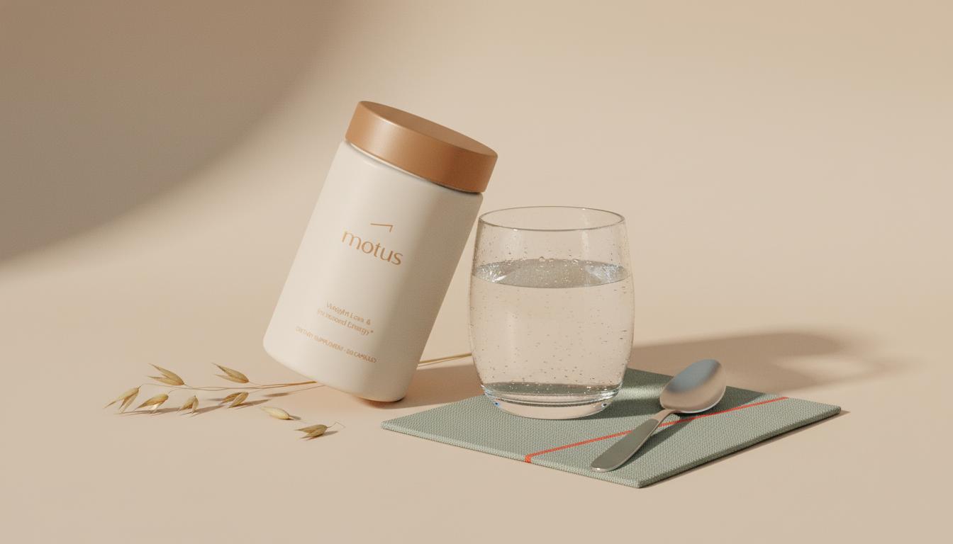 Minimalist full-frame image of Tonum psyllium jar, glass of water, small spoon and oat stalks on beige background #F2E5D5 conveying gentle gut care — Metamucil during pregnancy