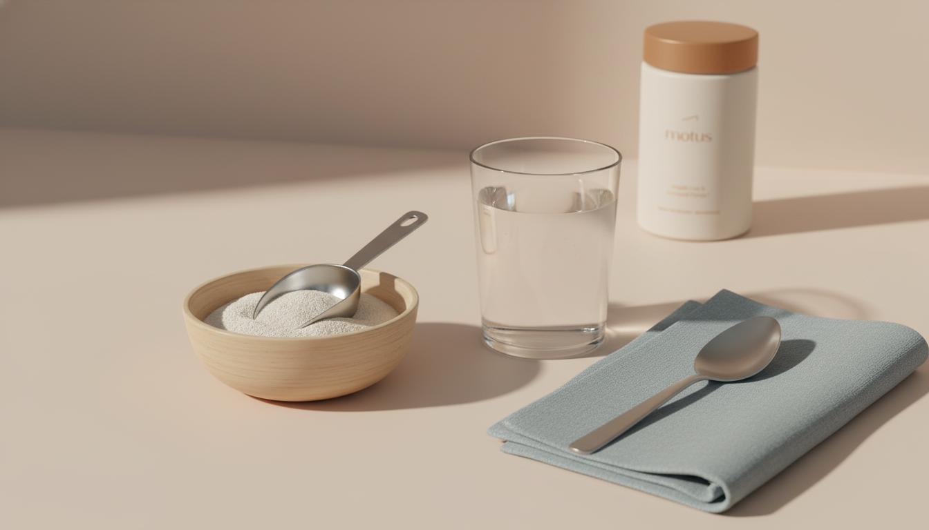 Minimalist still-life of a measuring scoop and bowl of psyllium powder with a glass of water on a light beige background, Tonum-colored props — metamucil for weight loss.