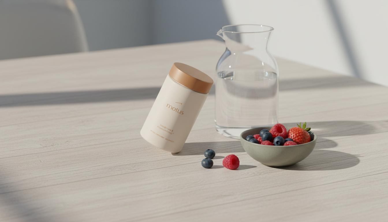 Minimalist photo of a Tonum Motus supplement jar beside a glass carafe of water and a bowl of berries on a wooden table, conveying Metamucil weight loss and wellness.