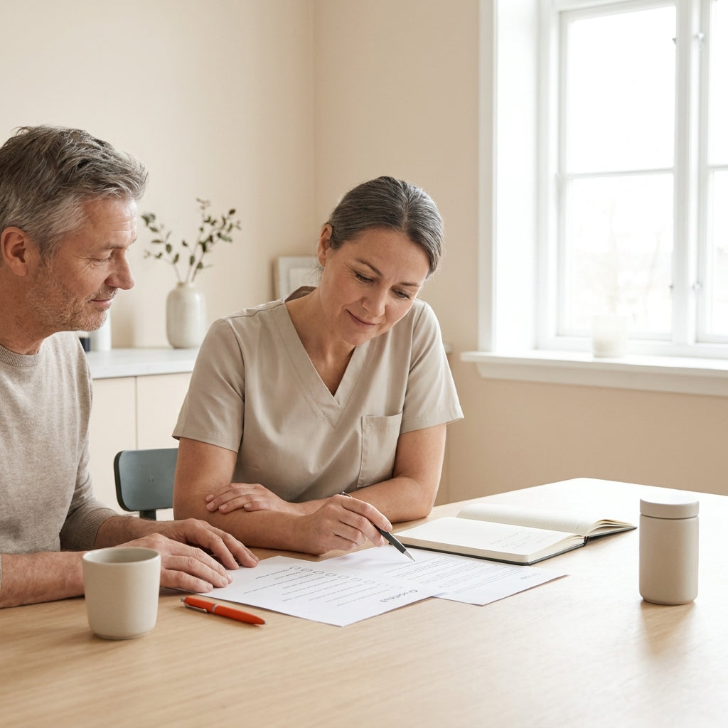 Caregiver and middle aged person at a bright kitchen table reviewing a checklist with a Tonum supplement container suggesting mild cognitive impairment support
