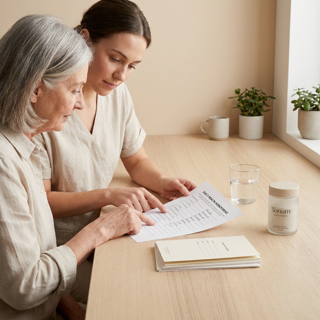 Older adult and caregiver review a printed monitoring checklist at a kitchen table tracking mild cognitive impairment with a Tonum supplement container and glass of water visible