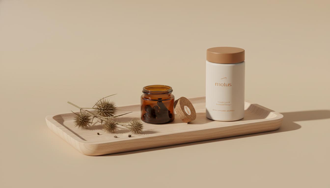 Minimal still-life of milk thistle seed heads, an amber capsule jar and a Tonum Motus container on a wooden tray against a #F2E5D5 background, evoking milk thistle and estrogen research and natural wellbeing.