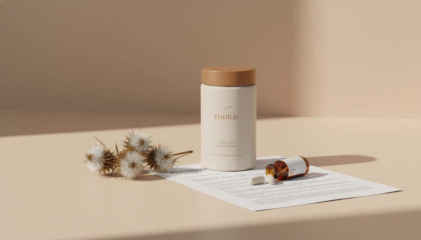 Minimalist still-life of milk thistle seed pods and Tonum supplement jar on a beige lab-style surface, evoking milk thistle and kidney function with a calm clinical-meets-lifestyle mood.
