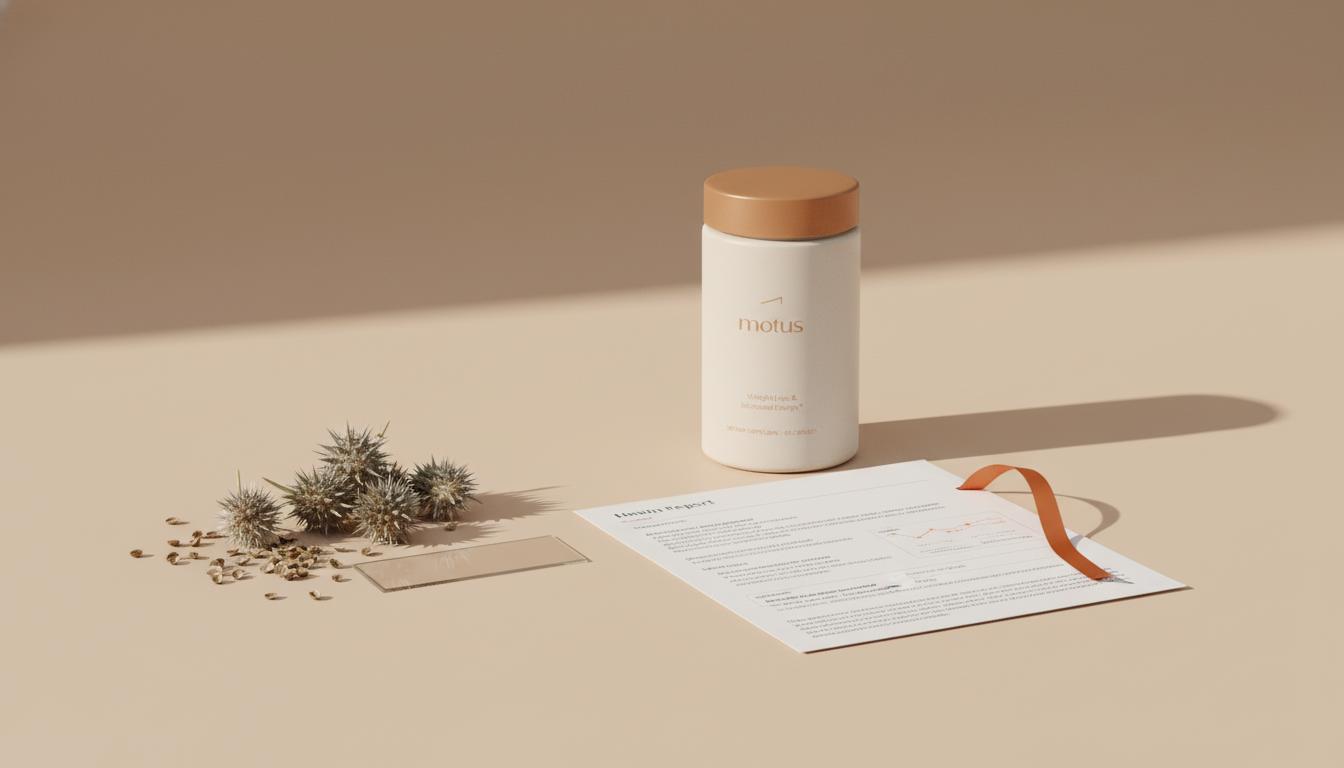 Minimalist still life of milk thistle seeds, a small labeled glass vial of standardized silymarin extract, and a folded lab report on a beige surface with a thin orange ribbon accent — milk thistle detox