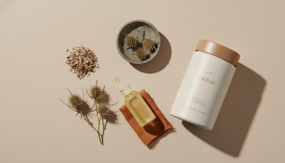 Flat-lay of dried milk thistle seed pods and a small glass vial of pale-yellow extract beside a Tonum product container on a #F2E5D5 beige background, minimalist clinical style.