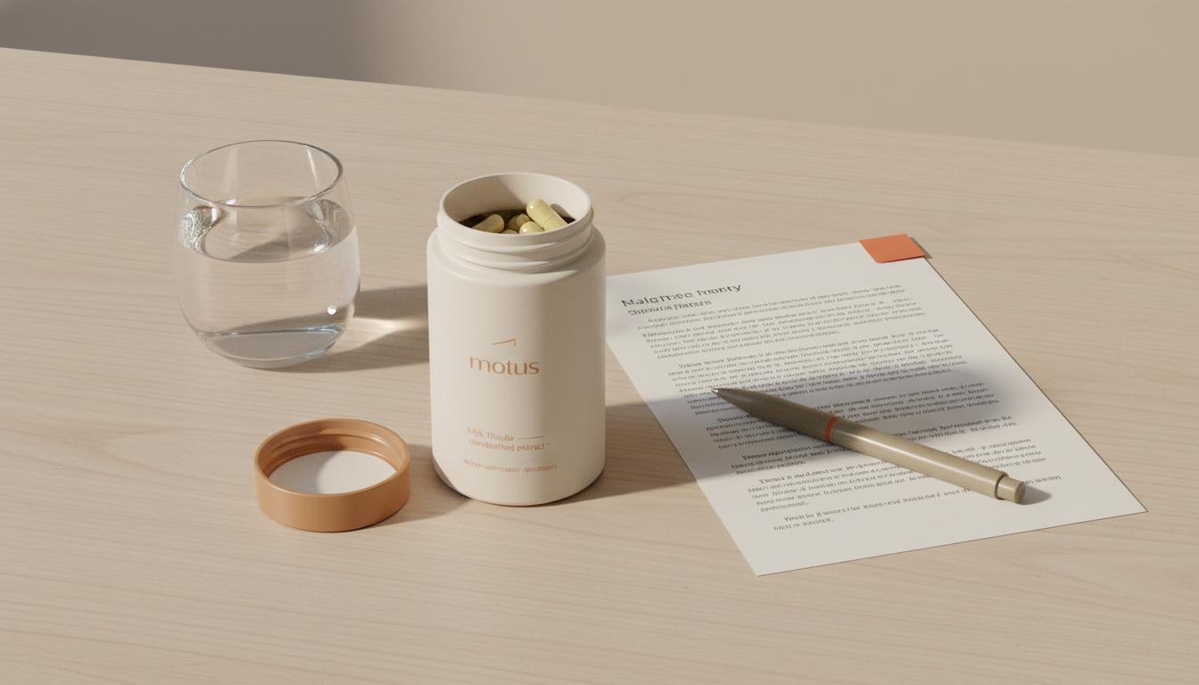 Minimal flat-lay of Tonum milk thistle supplement bottle, glass of water and a research summary on a calm beige background, evoking scientific, minimalist wellness.