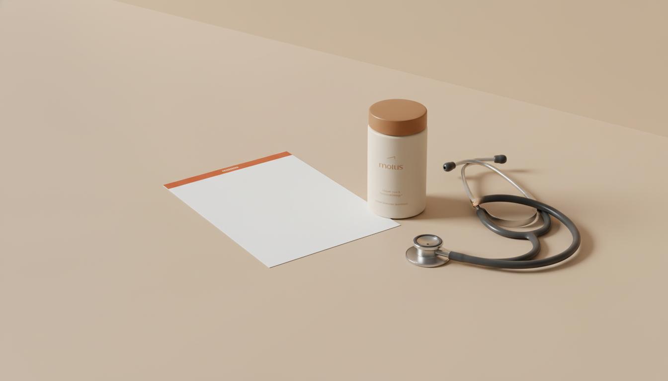 Minimalist tabletop with Tonum supplement jar, folded fact sheet with orange edge accent and stethoscope on beige background, illustrating milk thistle interactions.