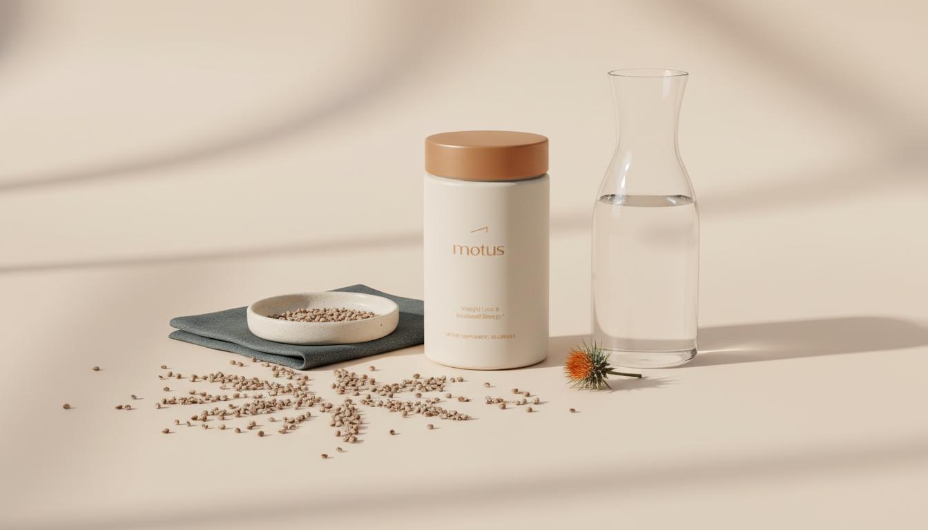 Minimalist still life of milk thistle seeds with Tonum supplement container and glass carafe on beige background — milk thistle liver detox focus