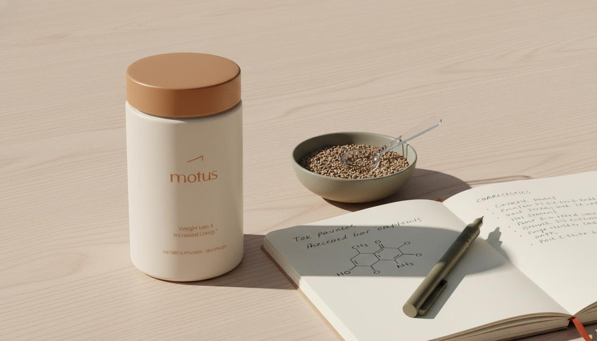 Minimal still-life of Tonum supplement jar beside a bowl of milk thistle seeds and a scientific notebook, illustrating milk thistle side effects in a clinical, minimalist style.