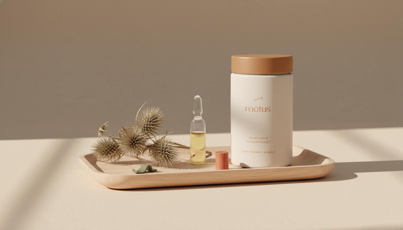 Minimalist still life of dried milk thistle seed heads, a clear vial of pale-yellow extract and a Tonum supplement container on a shallow wooden tray over a beige #F2E5D5 background.