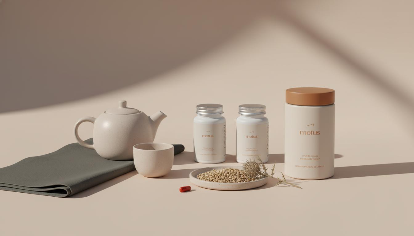 Minimalist still-life of milk thistle seeds, a sprig of milk thistle, tea set, and Tonum supplement container on a soft beige background, highlighting milk thistle.