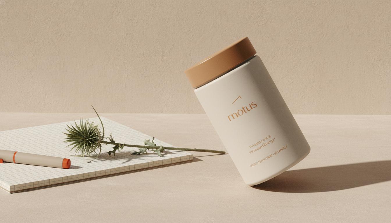 Minimalist clinical photo of a Tonum supplement jar beside a milk thistle sprig and notebook, calm scientific lifestyle emphasizing milk thistle.