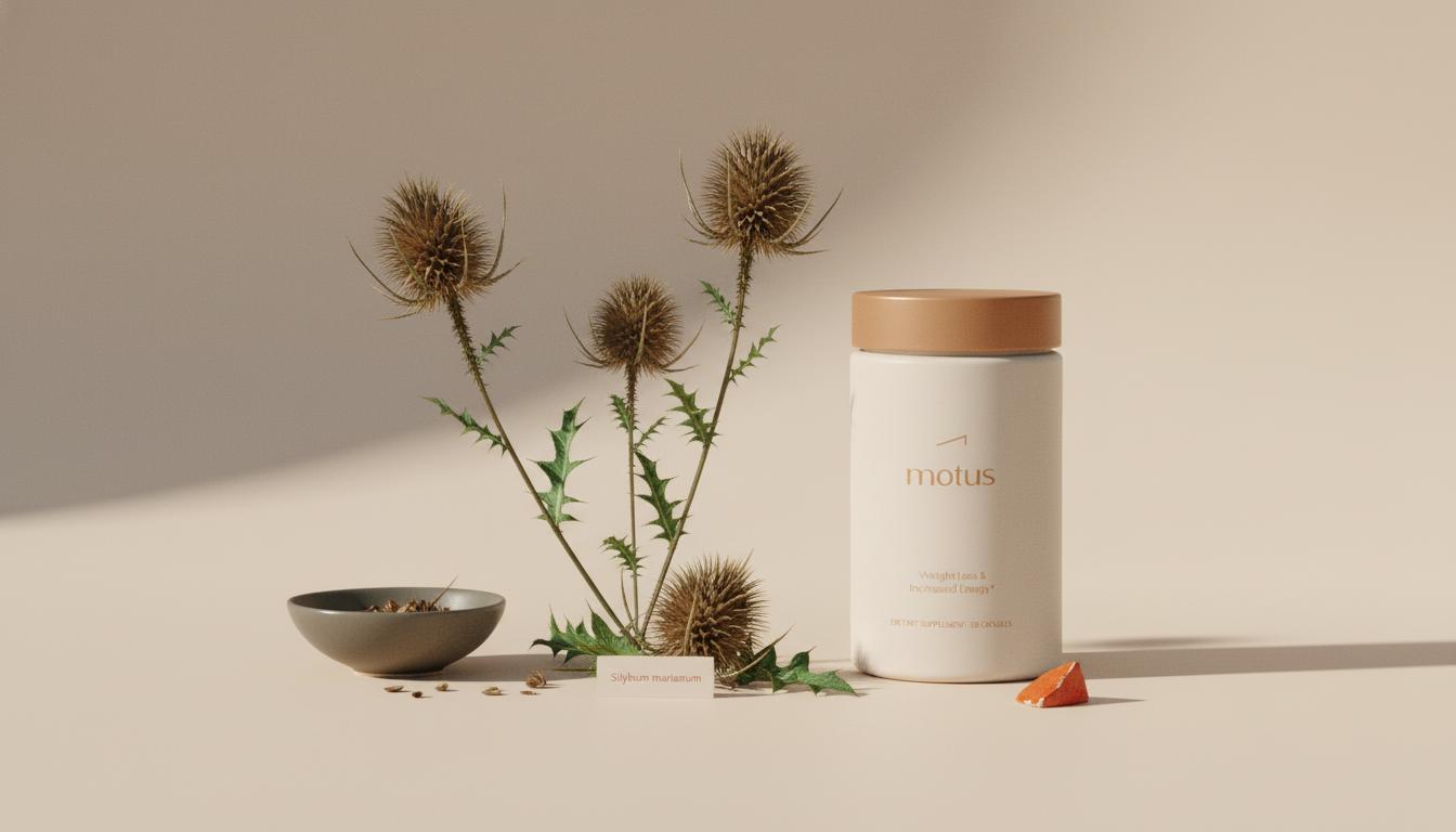 Minimalist still life of dried milk thistle seed heads and leaves with a Tonum supplement jar to the side on a light beige background, emphasizing the milk thistle botanical source.