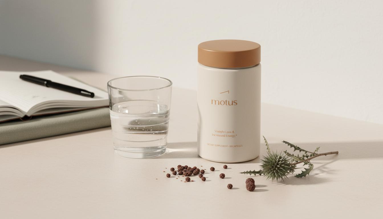 Minimalist kitchen still life with Tonum supplement container, glass of water, milk thistle seeds and sprig, and a lab notebook — milk thistle supplement concept.