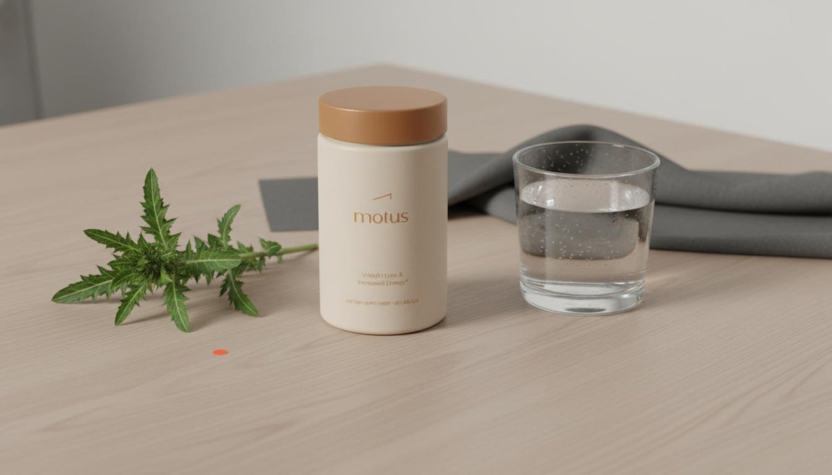 Minimalist flat-lay of Tonum supplement container with milk thistle sprig and glass of water on a neutral wooden table, health-focused lifestyle image