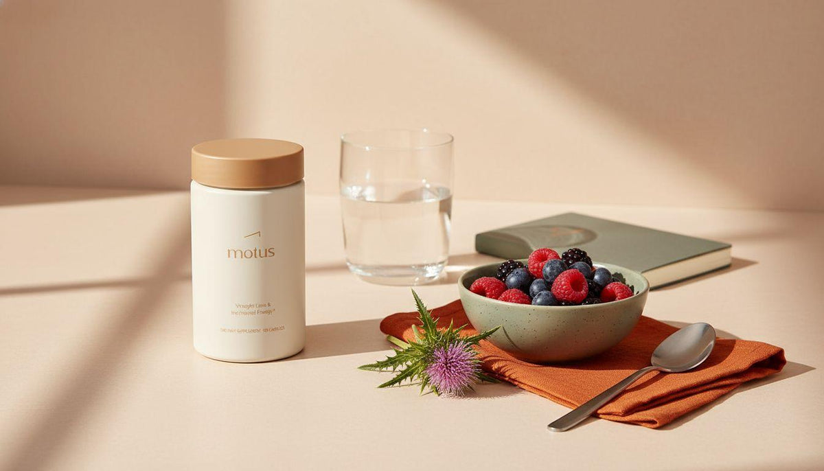 Minimalist kitchen still life with a Tonum supplement jar beside berries and milk thistle, evoking a natural, scientific approach to a miracle food for diabetes.