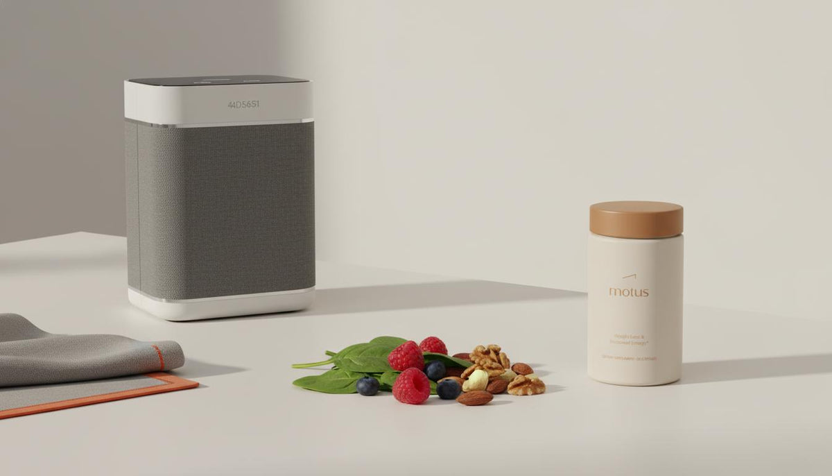Minimal still life of a HEPA air purifier, whole foods and a Tonum supplement container illustrating clean air and nutrition as defenses against mitochondrial damage.