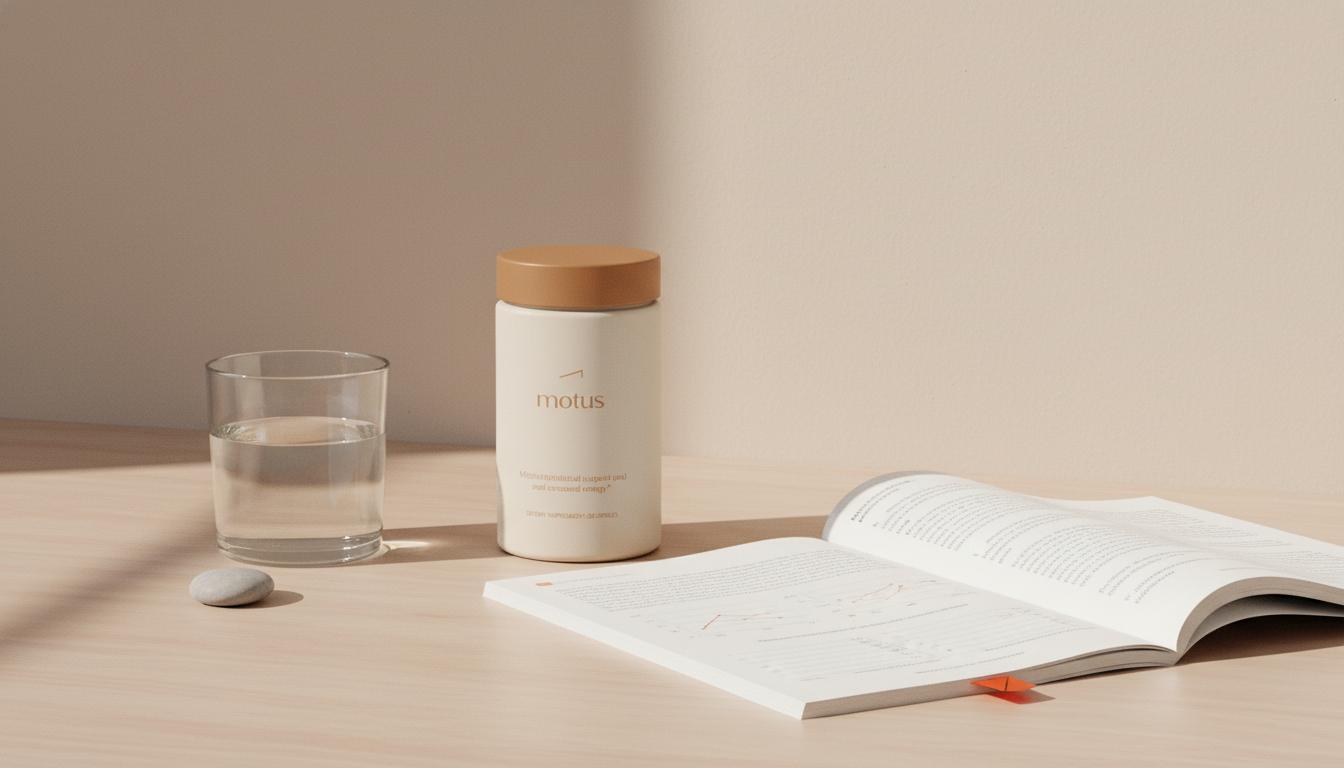 Minimalist wooden table with an open research paper, a glass of water, and a Tonum Motus supplement jar conveying evidence-backed mitochondrial supplements in a calm clinical-lifestyle scene.