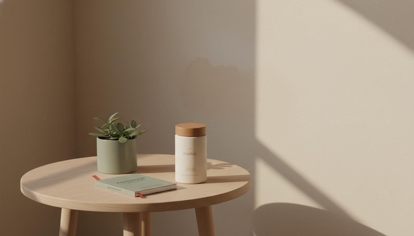 Minimalist sunlit corner with potted plant, subtle water stain, research booklet on mold detox and Tonum supplement container, calm scientific inspection mood.