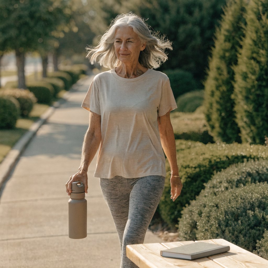 Woman walking outdoors with a water bottle in soft morning light