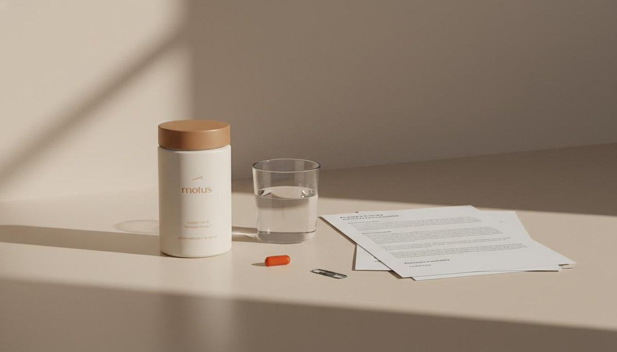 Minimalist kitchen counter with Tonum supplement container 'Motus', research papers and a glass of water on beige background, evoking evidence-based weight management; most commonly prescribed appetite suppressant