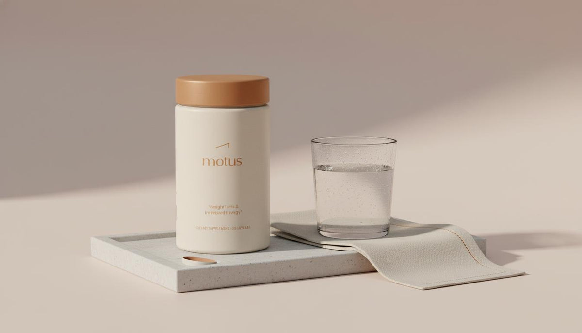 Minimalist Tonum product photo of the Motus supplement jar beside a glass of water on a neutral tray, showcasing the most effective fat burner pill