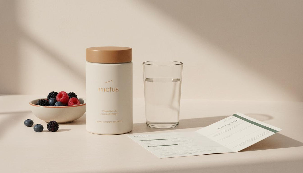 Minimalist kitchen counter with Tonum Motus container beside a glass of water, bowl of berries and folded walking plan, evoking a daily ritual for most natural supplement for weight loss.