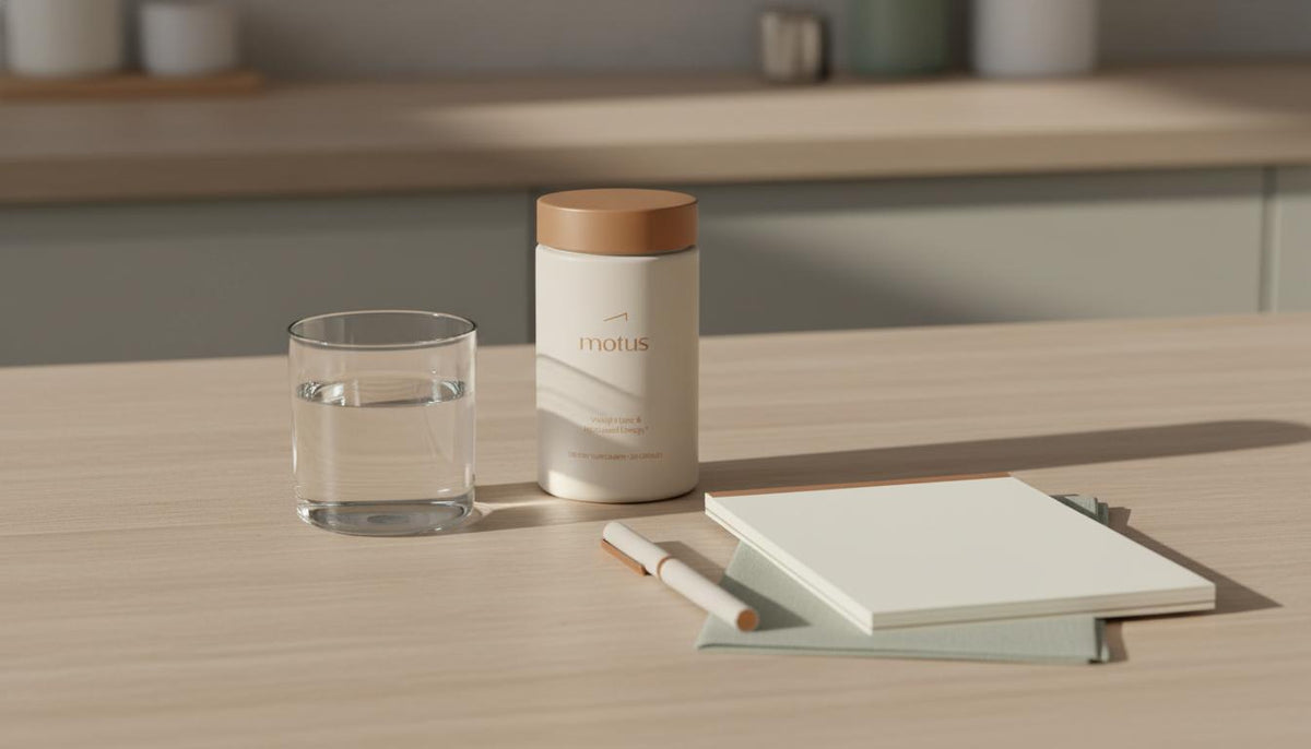 Minimalist kitchen counter with Tonum Motus supplement beside a glass of water and notepad, a clean clinical-meets-lifestyle scene evoking the most proven weight loss program.