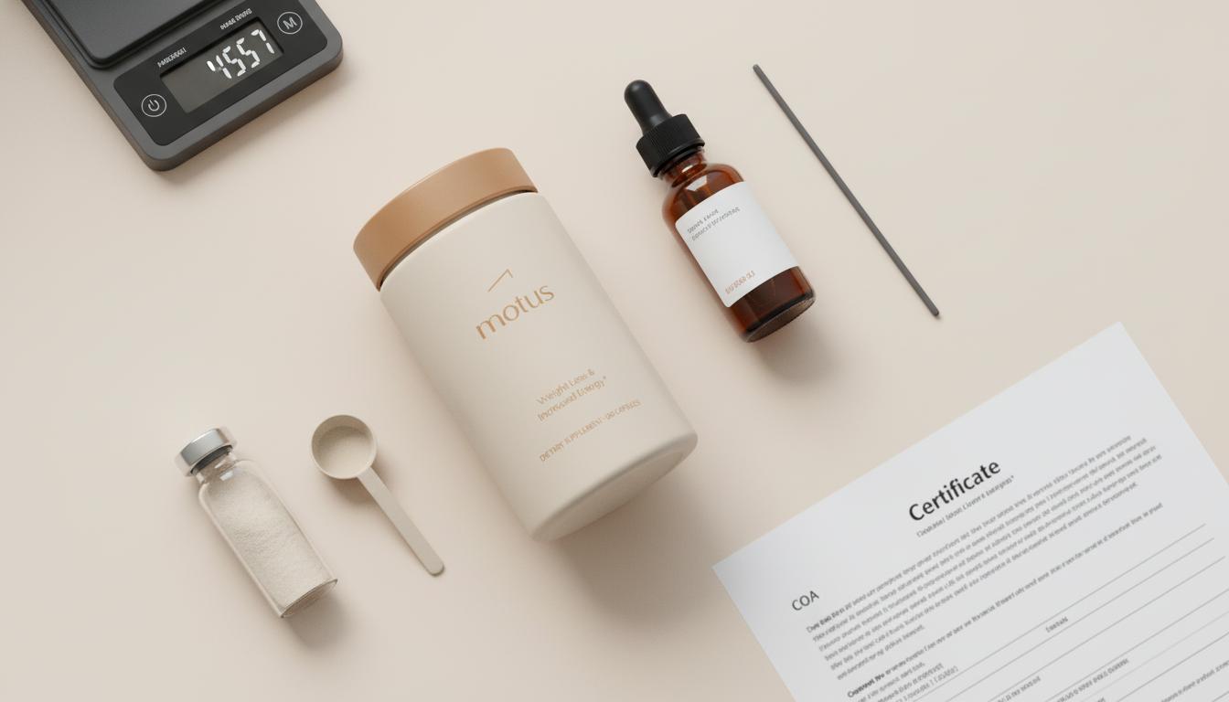 Minimalist flat-lay of Tonum Motus supplement container with lab vial, amber dropper and CoA sheet on beige background conveying transparency — most trusted supplement brand