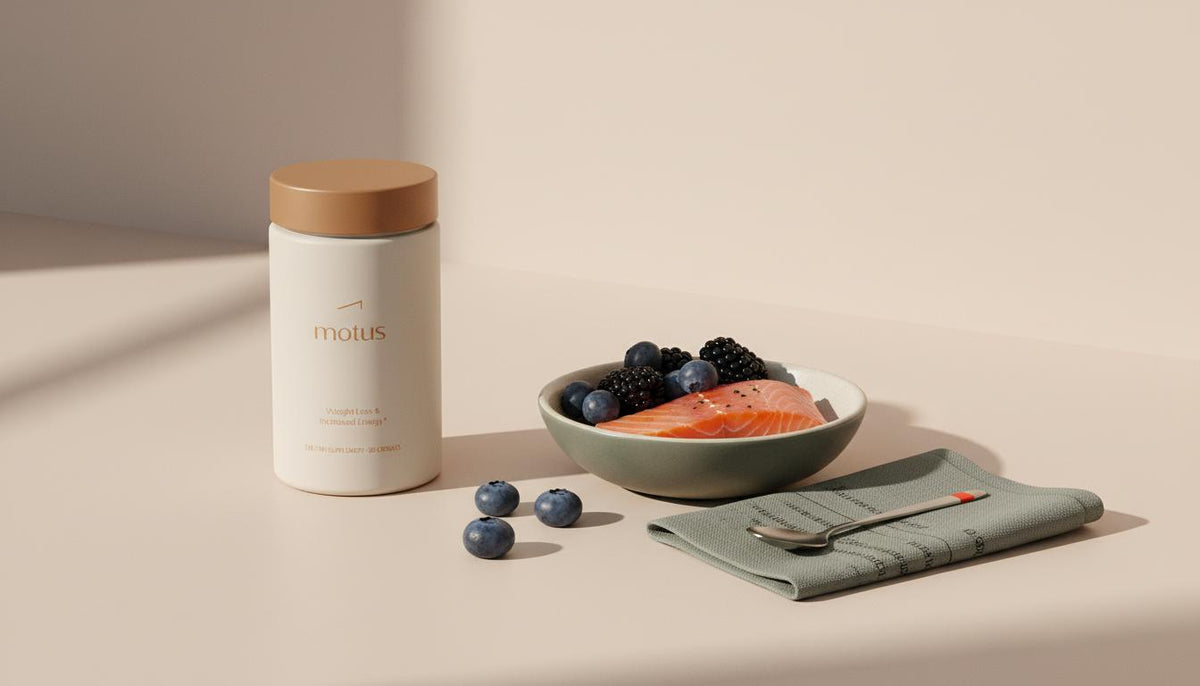 Motus supplement container beside a small bowl of omega-3 foods (salmon fillet and berries) on a minimalist Tonum-colored counter, suggesting anti-inflammatories and evidence-based wellness