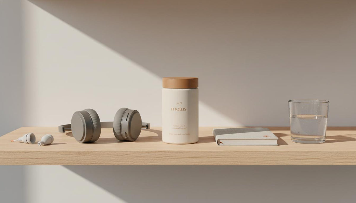 Minimal wooden shelf still life with Tonum Motus jar, over-ear headphones, folded foam earplugs, notebook with milk-thistle icon and glass of water — wellness shot for ozempic