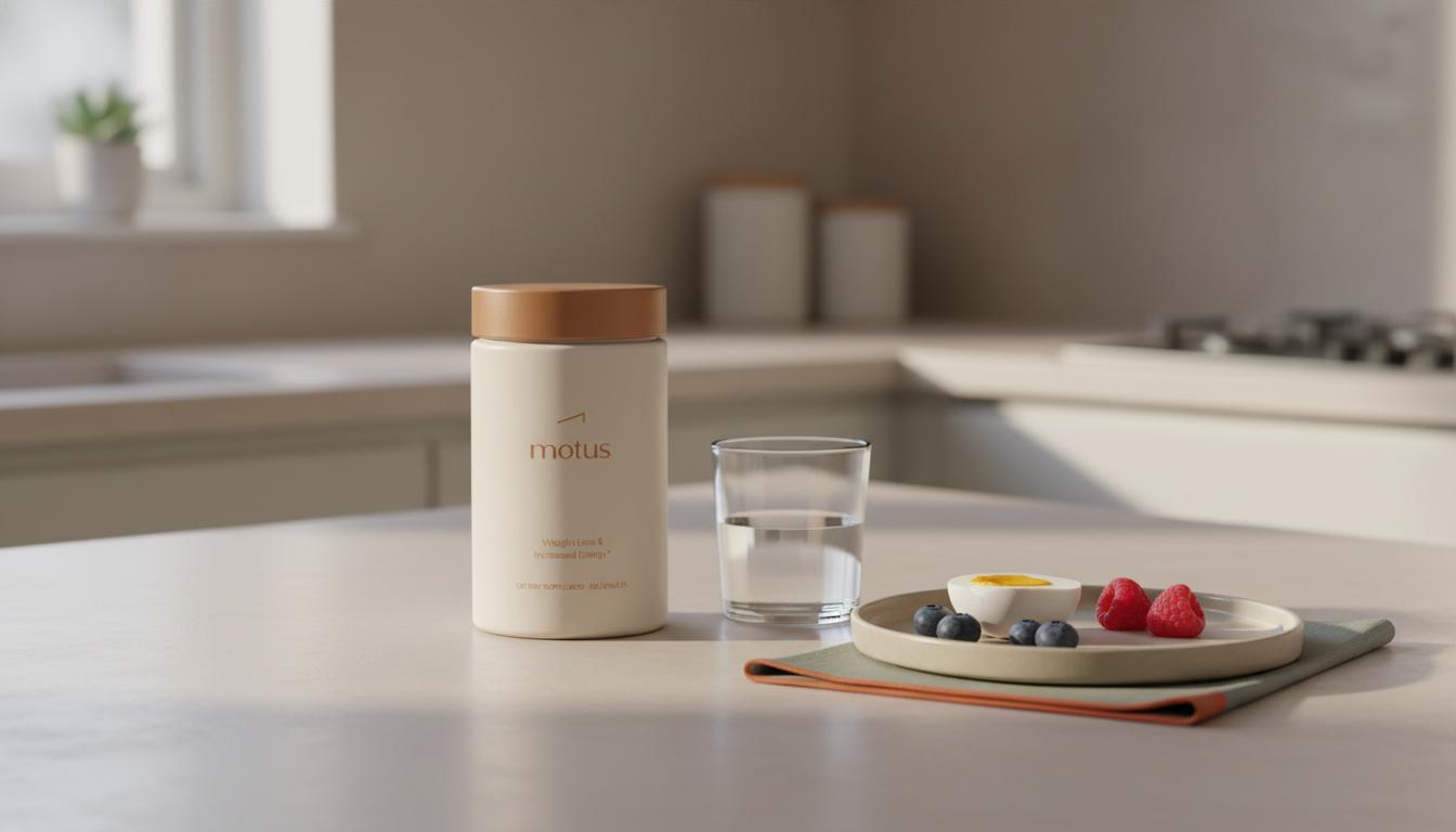 Minimalist kitchen counter with Tonum Motus supplement jar beside a glass of water and a plate of egg and berries, calm clinical-meets-lifestyle scene highlighting a metabolic enhancer.