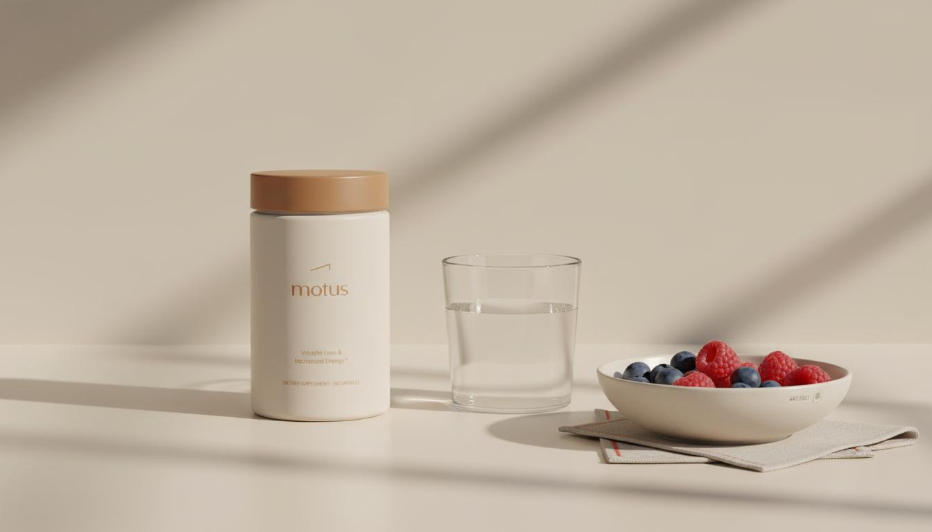 Minimalist still-life of Tonum Motus supplement on a neutral kitchen counter with a glass of water and bowl of berries, evoking metabolic support and daily wellness.