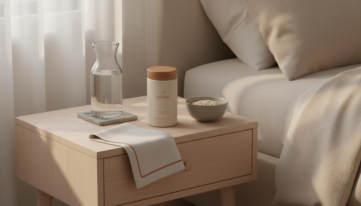 Minimalist morning bedside scene with Tonum Motus supplement jar on a tidy table beside a carafe of water and a bowl of whole-grain oats, highlighting a mineral that helps you lose weight.