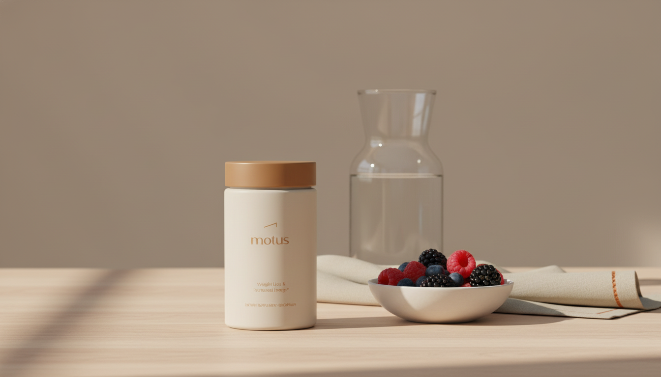 Minimalist product scene: Motus jar on wooden table with bowl of berries, glass carafe and beige linen on Tonum beige background — motus weight loss supplement.